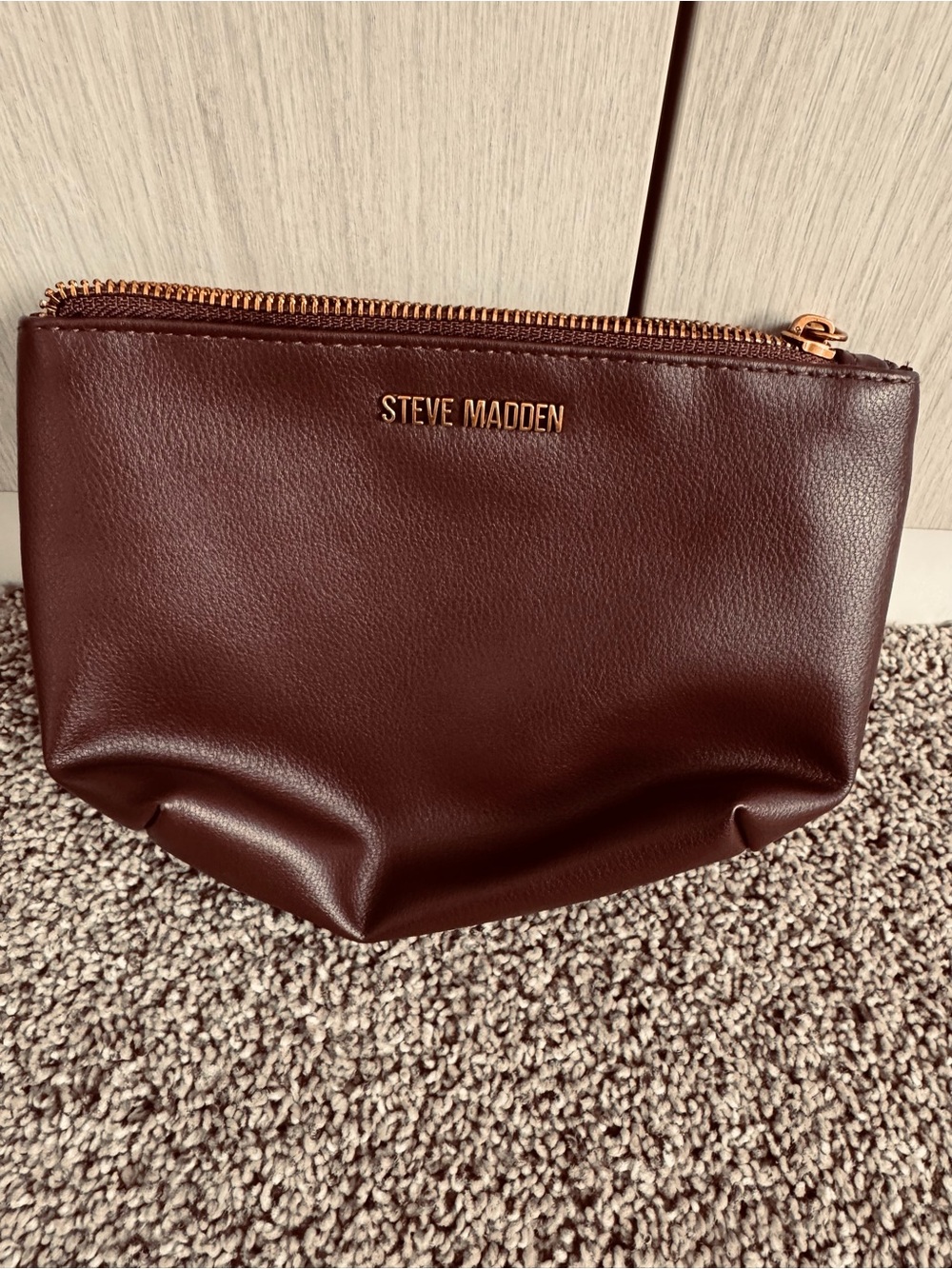 Steve Madden Dark Brown Leather Cosmetic Pouch with Gold Hardware